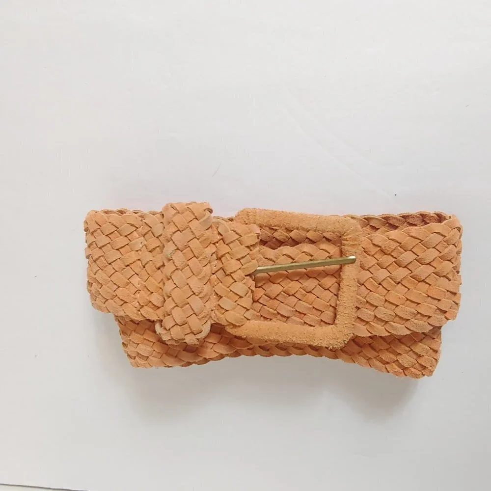 Vintage 70's 80's Leather Woven Belt Western Weave Boho Orange Brown‎